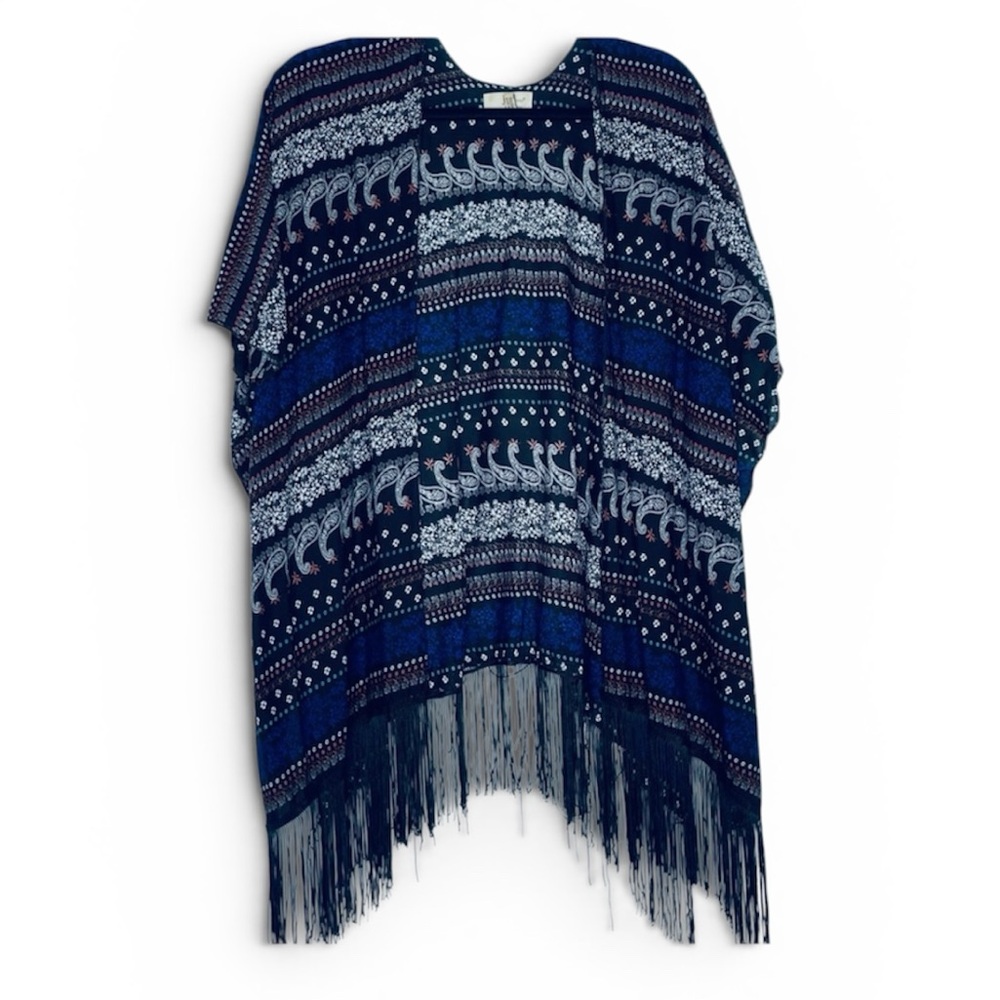 JC Sunny Just Classic Black & Blue Paisley Print Fringe open Kimono Top O/S